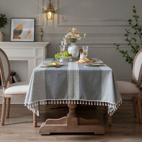 AUKUU Tischdecke Graue Graue Tischdecke aus Baumwolle und Leinen literarischer, runder Tisch Couchtisch Esstisch rechteckige Tischdecke