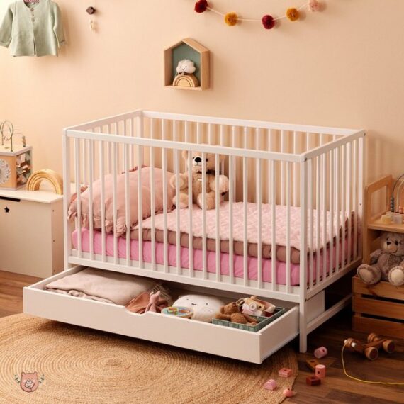 Alcube Babybett FINN Nachhaltig mit FSC®-Zertifikat perfekt für Baby GRATIS Lieferung, Komplettset Babybett 60x120 cm mit Matratze und Schublade aus Buche