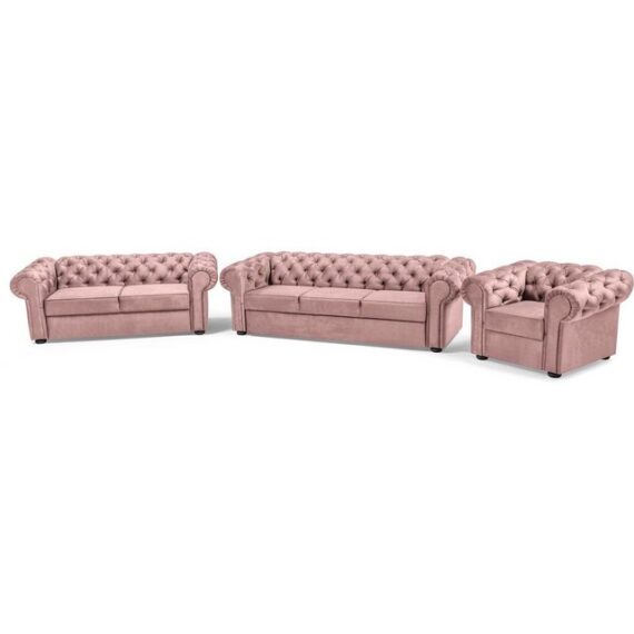 Beautysofa Polstergarnitur Chester, (Sessel + 2-Sitzer Sofa + 3-Sitzer Sofa mit Steppung), Couchgarnitur im Chesterfield Stil inkl. Wellenunterfederung