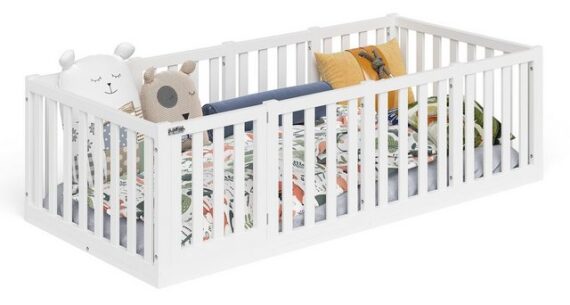 Bellabino Kinderbett Tapi (90x200 cm, weiß, inkl. Lattenrost und extra hohem Rausfallschutz mit Tür), aus Kiefer Massivholz, in verschiedenen Farben u. Größen