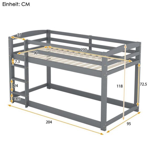 BlingBin Etagenbett Kinderbett Hochbett 90×200CM Rahmen aus massiver Kiefer grau (für Kinder und Jugendliche)