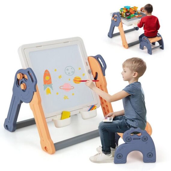 COSTWAY Standtafel, 6 in 1 Spieltisch mit Stuhl & 4 Körben