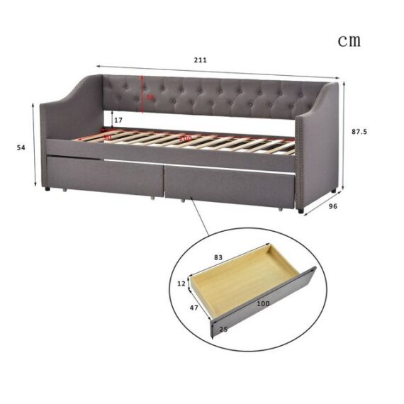 Celya Daybett Funktionsbett Polsterbett Kinderbett Schlafsofa Tagesbett 90x200cm, Schlafsofa mit zwei herausnehmbaren Schubladen