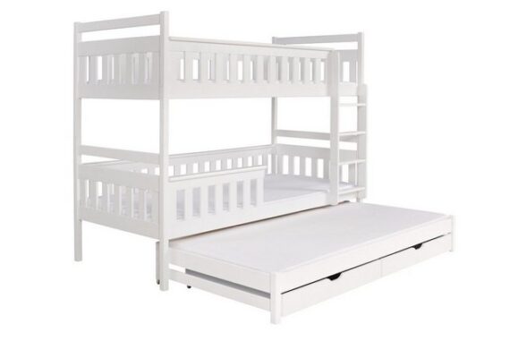 Deine Möbel 24 Etagenbett Hochbett KEV für 3 Kinder 90x200 Weiß (Vollholz massiv, mit Rausfallschutz, Lattenrost und 2 Schubladen), in 2 Betten umbaubar, aus Kiefernholz