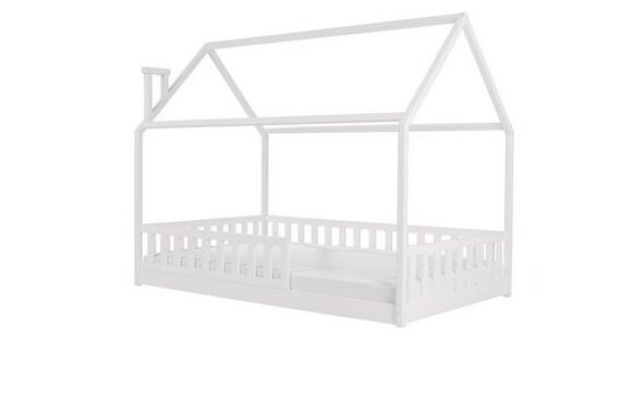 Deine Möbel 24 Hausbett Kinderbett ROSI PLUS 140x200 in Weiß im skandinavischen Still (Set, Einzelbett Jugendbett mit Lattenrost und abnehmbarem Rausfallschutz), aus Massivholz Vollholz Kiefernholz massiv