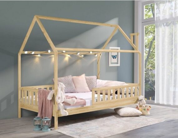 Deine Möbel 24 Hausbett Kinderbett für 1 Kind ROSI 140x200 in Weiß Grau Kiefer (Einzelbett Komplettbett Matratzen optional inkl. Lattenrost Jugendbett aus Massivholz Vollholz, inkl. Absturzsicherung abnehmbar oder festmontiert), mit abnehmbarem / festem Rausfallschutz