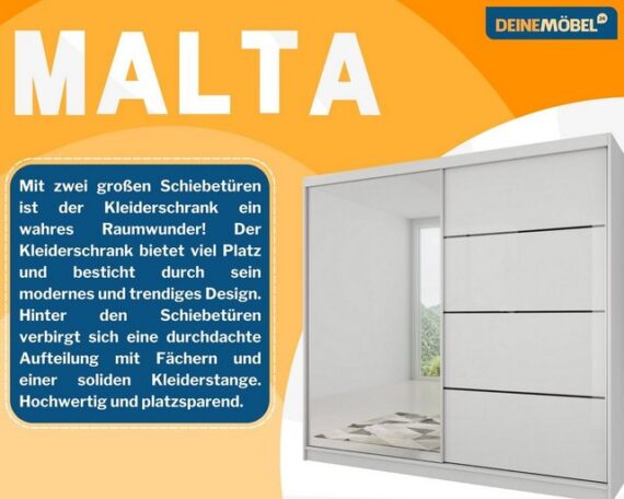 Deine Möbel 24 Kleiderschrank Schwebetürenschrank MALTA 42 in Weiß Matt / Weiß Hochglanz (Schrank inkl. Kleiderstange und Einlegeböden) 183x218x61 203x218x61 233x218x61 inkl. Spiegel