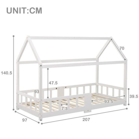 EXTSUD Hausbett Babybett 90 x 200 cm, Holzbett für Kinder, Lattenrost und Staubschutz, Babybett Badezimmerbett Holzbett Kiefer keine Matratze