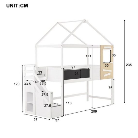 Flieks Hochbett Kinderbett mit Treppe und 3 Schubladen 200x90cm Kiefernholz