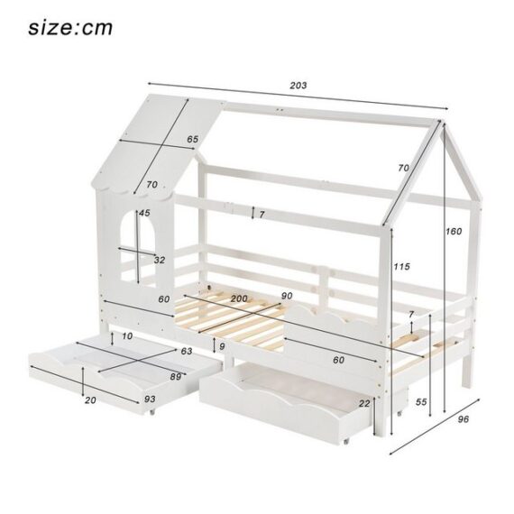 Flieks Kinderbett, Hausbett mit 2 Schubladen Kiefernholz Jugendbett 90x200cm