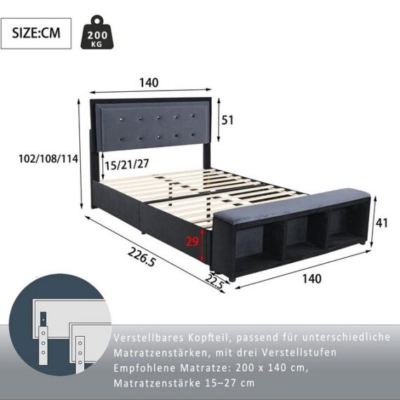 Flieks Polsterbett, Samt Doppelbett 140x200cm mit höhenverstellbarem Kopfteil und Hocker