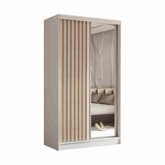 Furnix Kleiderschrank Lillienne-120 Schiebetüren-Schrank mit Schiebetüren & Spiegel Auswahl Masse BxHxT: 120x216x61 cm, moderne Lamellen-Optik