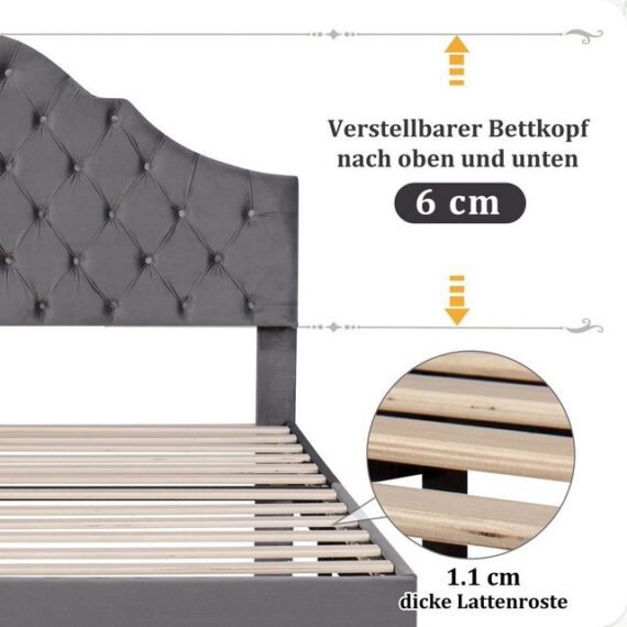 HAUSS SPLOE Polsterbett Polsterbett Doppelbett Funktionsbett Bettrahmen Jugendbett Kinderbett (Samt Doppelbett, mit höhenverstellbarem Kopfteil), 140x200cm Ohne Matratze