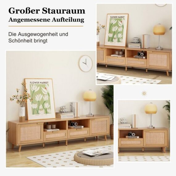 HAUSS SPLOE TV-Schrank TV-Tisch Beistellschrank Sideboard (TV-Konsolentisch,200*37*49cm) mit massiven Holzfüßen, Geflochtener Rattan-TV-Boards