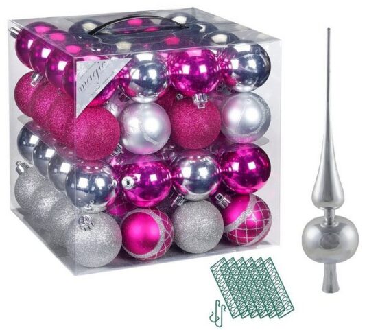 JACK Christbaumschmuck JACK 64x Kunststoff Christbaumkugeln Ø6cm + Spitze 28cm inkl Aufhänger, Kugeln: Pink-Silber, Spitze: Silber