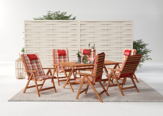 KONIFERA Garten-Essgruppe "Salvador", (Set, 13 tlg., 6x Stuhl, 1x Tisch 160x90x74 cm, inkl. Auflagen, Stühle sind klappbar), zertifiziertes Eukalyptus, Rückenlehne ist 5-fach verstellbar