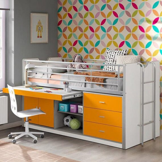 Lomadox Hochbett 90x200cm, mit ausziehbarem Schreibtisch und Stauram, weiß/orange
