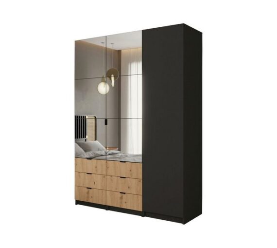 MOEBLO Kleiderschrank XANO 150 (Drehtürenschrank mit Schubladen 3-türig Schrank Garderobe Schlafzimmer Schrank mit Latten aus Holz / Holzlatten, mit Spiegel und Schubladen) (B x H x T):150cm x 216cm x 57cm