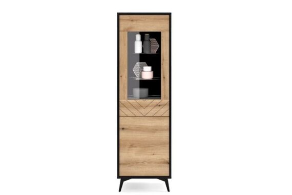 MOEBLO Vitrine Anrichte Onyks W54 (schwarz/Eiche Evoke Fischgrät, verglasten Front mit zwei Ablagen, elegantes) (HxBxT):178x54x39cm