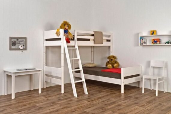 Natur24 Kinderbett Eck-Stockbett Castello 90x200cm Buche Natur lackiert mit Leiter