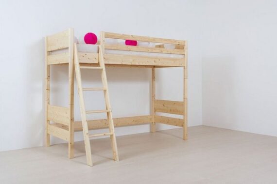 Natur24 Kinderbett Kinder-Hochbett Castello 90x200 Buche Nuss gebeizt und lackiert Leiter