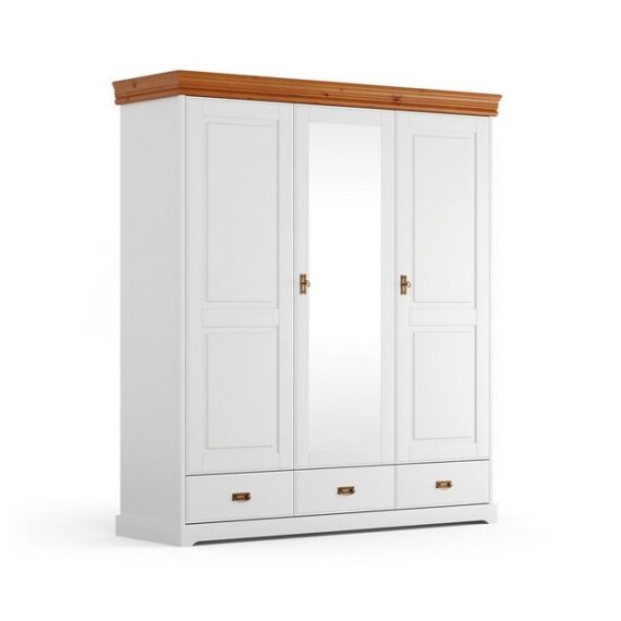 Natur24 Kleiderschrank Kleiderschrank Tuscany Kiefer massiv 3Türig mit Spiegel 193x62x218cm