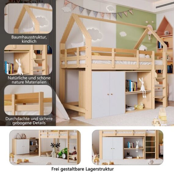 OKWISH Etagenbett Hausbett Kinderbett Stauraumbett (Bettrahmen aus Massivholz, mit Absturzsicherung 90x200 cm, mit 2 Regalen und Aufbewahrungsschrank), mit dreistufiger rechtwinkliger Treppe, ohne Matratze