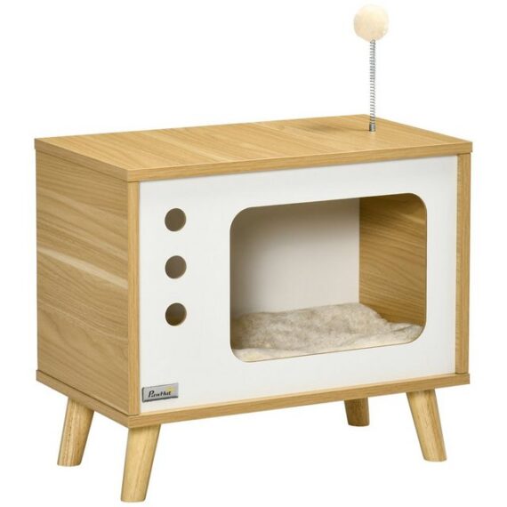 PawHut Tierhaus imTV-Design inkl. Spielzeug, waschbares Kissen, Eiche+Beige+Weiß, 50B x 28T x 43H cm