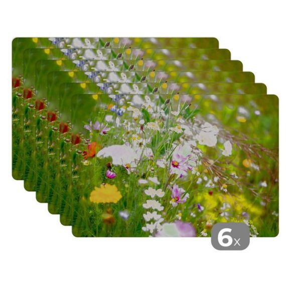 Platzset, Blumen - Natur - Grün - Gras - Lila - Weiß, MuchoWow, (6-St), Platzset, Platzdecken, Platzmatte, Tischmatten, Schmutzabweisend