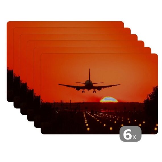 Platzset, Sonnenuntergang - Flugzeug - Orange - Sonne, MuchoWow, (6-St), Platzset, Platzdecken, Platzmatte, Tischmatten, Schmutzabweisend