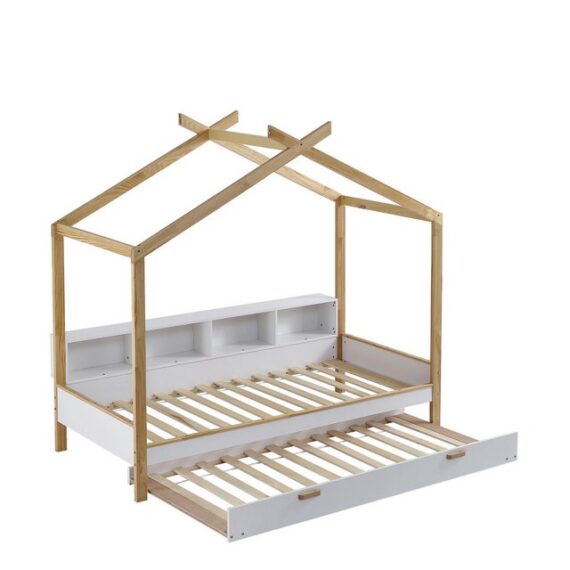 REDOM Kinderbett Einzelbett, mit vier Fächern Regale, mit ausziehbarem Rollbett (Kieferrahmen, MDF 90x200cm&90x190cm), ohne Matratze
