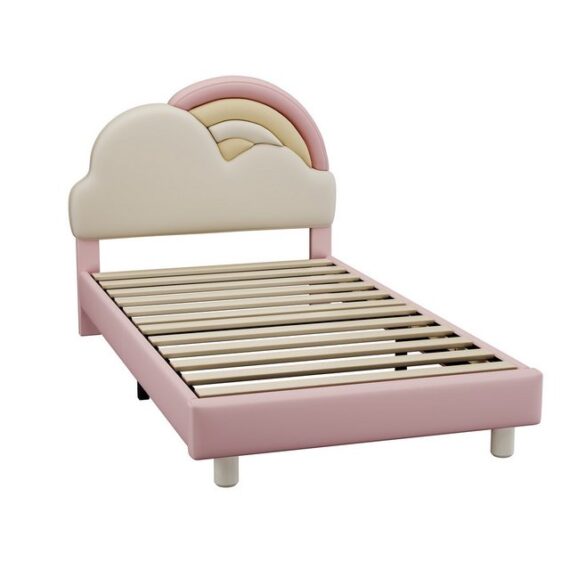 REDOM Kinderbett Kinderbett mit kuscheligem Regenbogenwolken-Kopfteil, Holzlattenrost (90x200cm), ohne Matratze