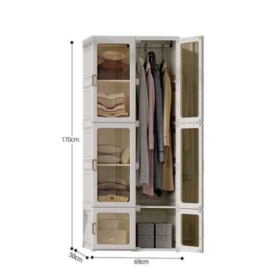 SEEZSSA Garderobenschrank Kleiderschrank mit Transparenten Türen 10 Fächer 6 Türen Aufhängung, Kleiderschrank für das Schlafzimmer Wohnzimmer Diele 170x69x50cm