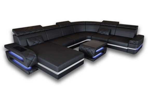 Sofa Dreams Wohnlandschaft Ledersofa Bologna XXL U Form Leder Sofa, Couch, mit LED, wahlweise mit Bettfunktion als Schlafsofa, Designersofa