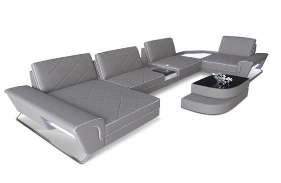 Sofa Dreams Wohnlandschaft Stoff Couch Polster Stoffsofa Ferrara, U Form Polstersofa mit LED, Stauraum, USB-Anschluss, Designersofa