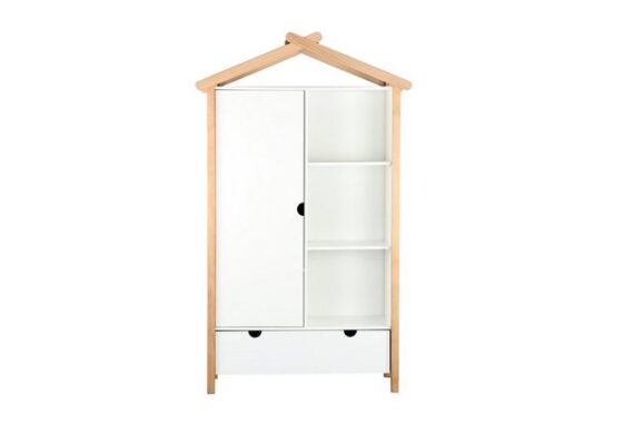 TPFLiving Kinderkleiderschrank Malmö - Kleiderschrank für Kinder aus Kiefernholz und MDF-Platten (1 Tür, 3 offene Fächer und 1 Schublade mit Soft Close Funktion, 1-St., Kleiderschrank aus unserer Produktlinie SKANDINAVIA - Farbe weiß-natur) MAßE (BxHxT): 112x187x51 cm - Gewicht: 77 kg