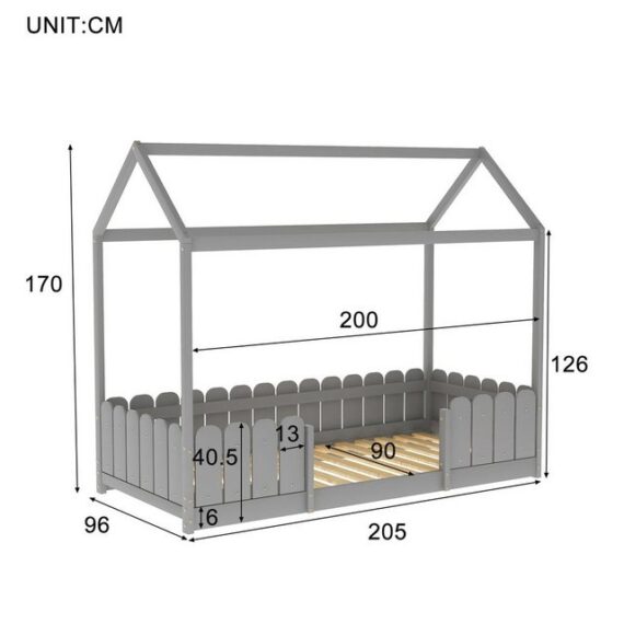 Ulife Kinderbett Jugendbett Kiefernholz 90x200cm mit Rausfallschutz, grau