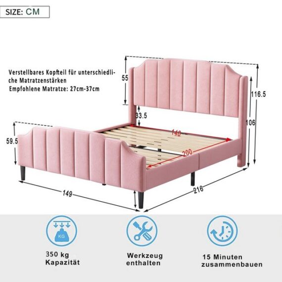 Ulife Polsterbett Doppelbett,Jugendbett, Kinderbett,Gästebett, mit Lattenrost Samt, 140x200cm, mit Kopfteil