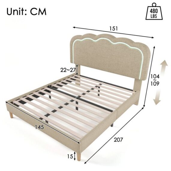 Ulife Polsterbett Jugendbett Bettgestell mit LED-Licht und Kopfteil, 140x200cm, Bettrahmen Jugendbett für Schlafzimmer Gästezimmer-Leinen