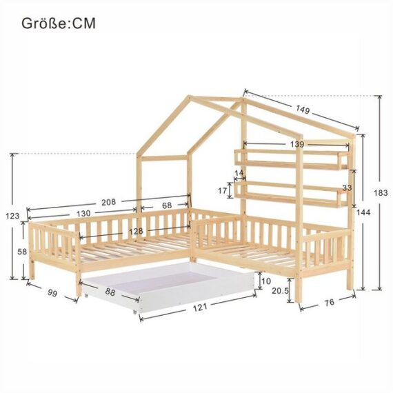 XDeer Hausbett L-Struktur Kinderbett(Natur,90x200 cm+140x70cm)Hausbett, aus Massivholz mit Zaun und Lattenrost,Schubladen und Regale