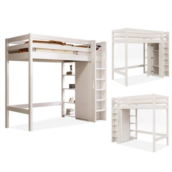 XDeer Hochbett Kinderbett mit Kleiderschrank und 6 Regalen Einzelbett Stauraum Hochbett Liegefläche 90x200 cm -208x110x186(BxTxH)WeißKids