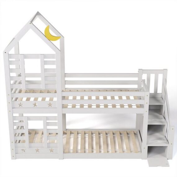 XDeer Jugendbett Kinderbett Baumhaus Hochbett mit Schublade und Rausfallschutz, 2x Lattenrost für Kinder 90 x 200 cm Weiß