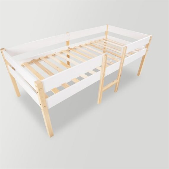 XDeer Kinderbett Jugendbett Rausfallschutz Kiefer Vollholz 90x190 cm Weiß Eiche, Kinderbett für Mädchen und Jungen aus massivem Kiefernholz