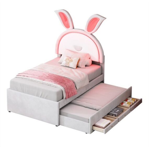 XDeer Kinderbett Kinderbett Polsterbett 90 x 200 cm,Samtstoff, Multifunktionales Schlafsofa mit Schubladen und LED-Leuchten, beige