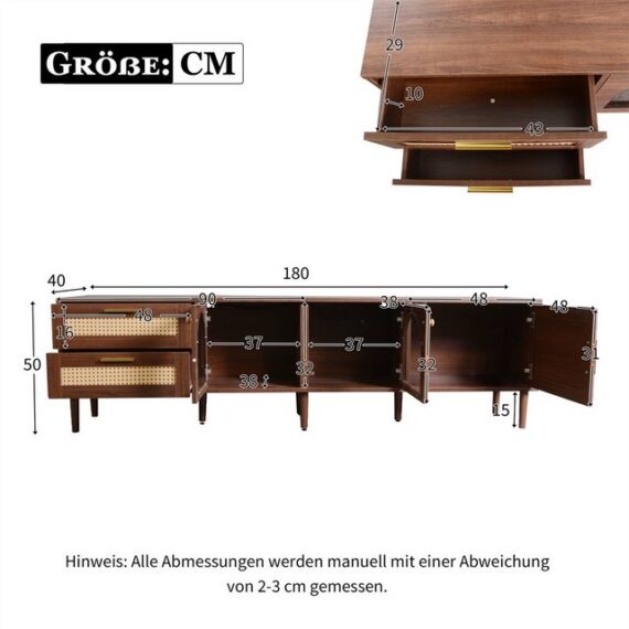 autolock TV-Schrank TV-Konsolentisch mit echtem Rattandesign,TV-Board für 80-Zoll-Fernseher,Beine aus Massivholz,stilvolle Aufbewahrung