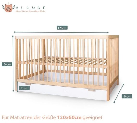 Alcube Babybett TONI, Babybett 60x120 Komplett-Set mit Matratze und Schublade aus Buchenholz