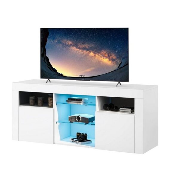 Celya TV-Schrank LED-TV-Schrank mit 2 Schränken mit Türen und 5 offenen Regalen 16-farbige LED-Beleuchtung, TV-Möbel für bis zu 55 Zoll Fernseher