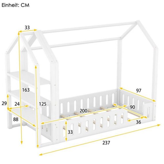 Flieks Kinderbett, Massivholzbett Hausbett mit 3 Stauraum-Regalen und Geländer 90x200cm