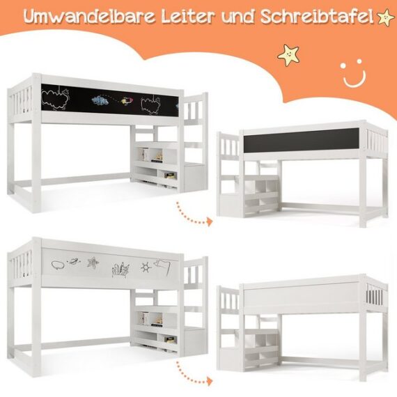 HAUSS SPLOE Etagenbett Hochbett Kinderbett Einzelbett Jugendbetten Holzbett (90 x 200 cm, Weiß), Hochbett mit Whiteboard&Tafel,Speicherung und Rausfallschutz