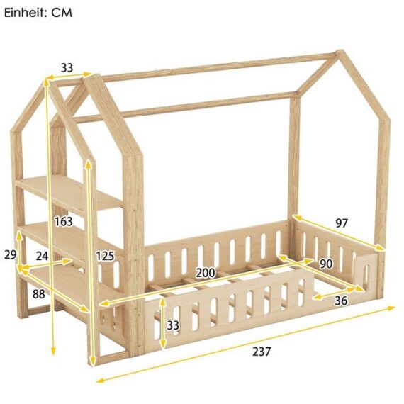 HAUSS SPLOE Kinderbett Hausbett mit Lattenrost Bettrahmen Einzelbett Holzbett (Kinderbett mit Geländer und 3 Regalen, Flachbett aus Kiefernholz), 90*200cm, Natur